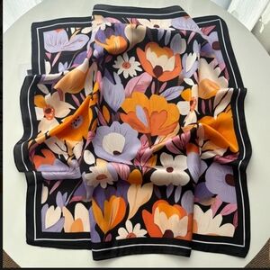 Floral Print Satin Scarf in Black, Orange & Lavender